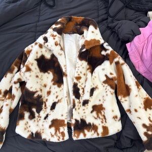White and Brown Teddy Jacket with Cow Print